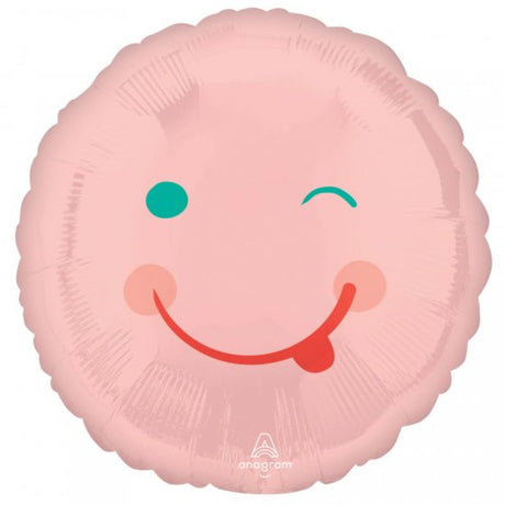 45cm pink smiley face balloon with self-sealing foil, perfect for celebrations and cheerful party decorations.