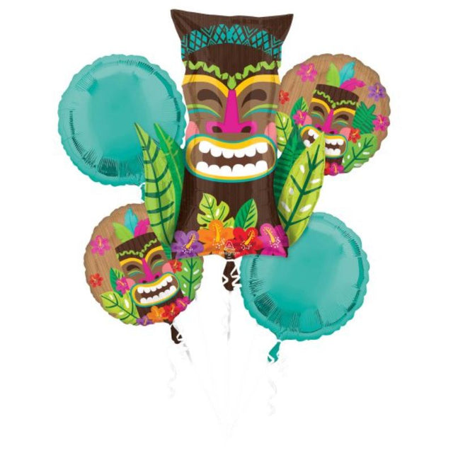 Set of 5 vibrant self-sealing foil balloons featuring a unique vintage tiki design for tropical-themed celebrations.