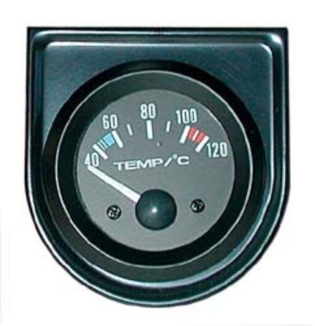 Electrical 52mm water temperature gauge by Trisco with 40-120°C sweep, backlight, and built-in sender unit for vehicles.