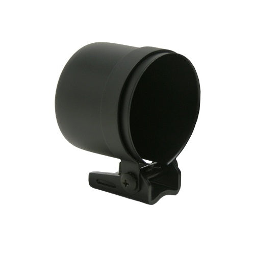 Chrome gauge cup for 2 5/8" gauges with adjustable base and screw mount, featuring a sleek black pod.