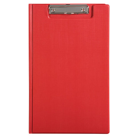 Marbig Clipfolder in vibrant red, featuring sturdy wire clips, protective front cover, and clear pocket for document organization.