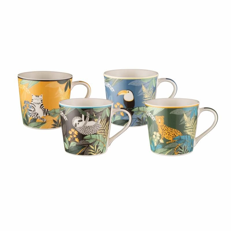 Set of 4 fine bone china mugs with safari print, 429ml capacity; microwave and dishwasher safe, perfect for stylish sipping.