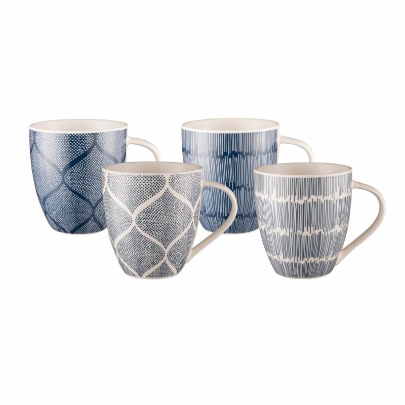 Set of 4 oversized Indigo Sketch mugs, 518ml each, durable New Bone China, microwave and dishwasher safe, stylish gift boxed.