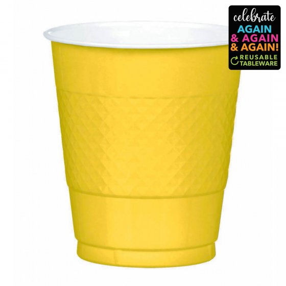 Bright yellow 355ml disposable plastic cups, pack of 20, perfect for parties and gatherings, reusable and dishwasher safe.