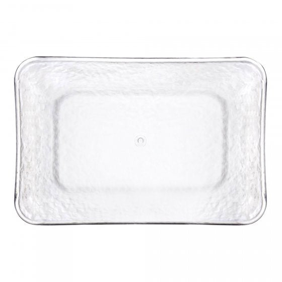 Elegant clear plastic rectangular tray with a hammered design, measuring 21cm x 31cm, perfect for serving appetizers and desserts.