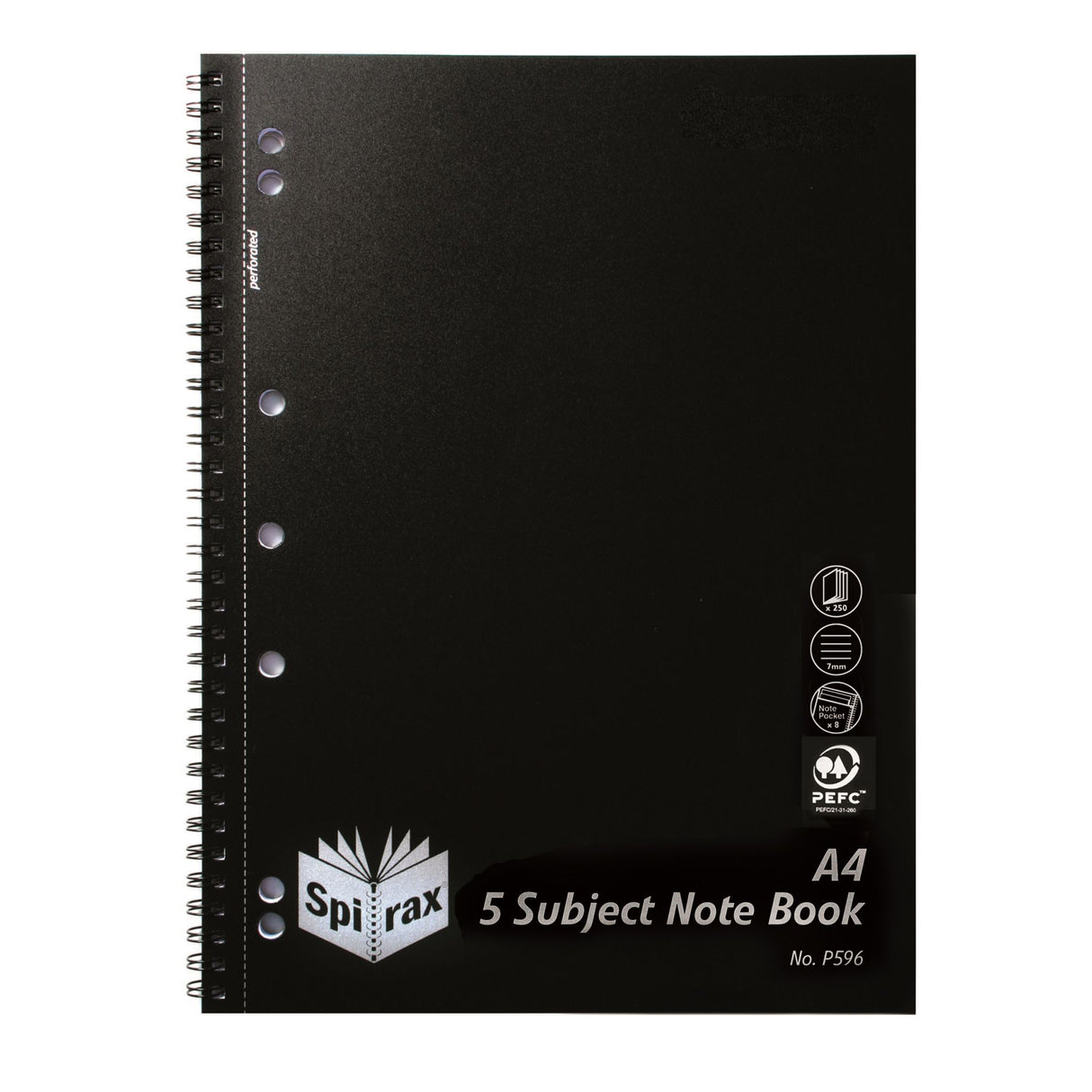 Spirax P596 A4 black notebook with 250 pages, 5 subjects, perforated, dividers, 7mm ruled lines, and sturdy polypropylene cover.