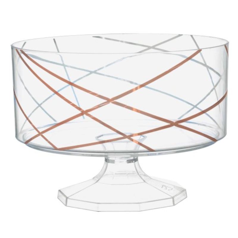 Small clear plastic trifle container with elegant rose gold hot stamping, perfect for showcasing layered desserts.