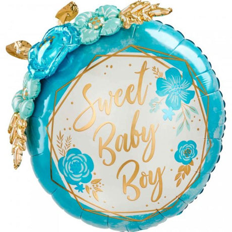 Colorful 61cm self-sealing foil balloon featuring playful floral and geometric designs for baby boy celebrations.