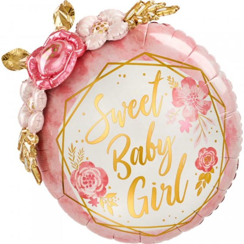 Multi-Balloon Sweet Baby Girl Floral Geo: 61cm pastel floral foil balloon ideal for baby showers and birthdays.