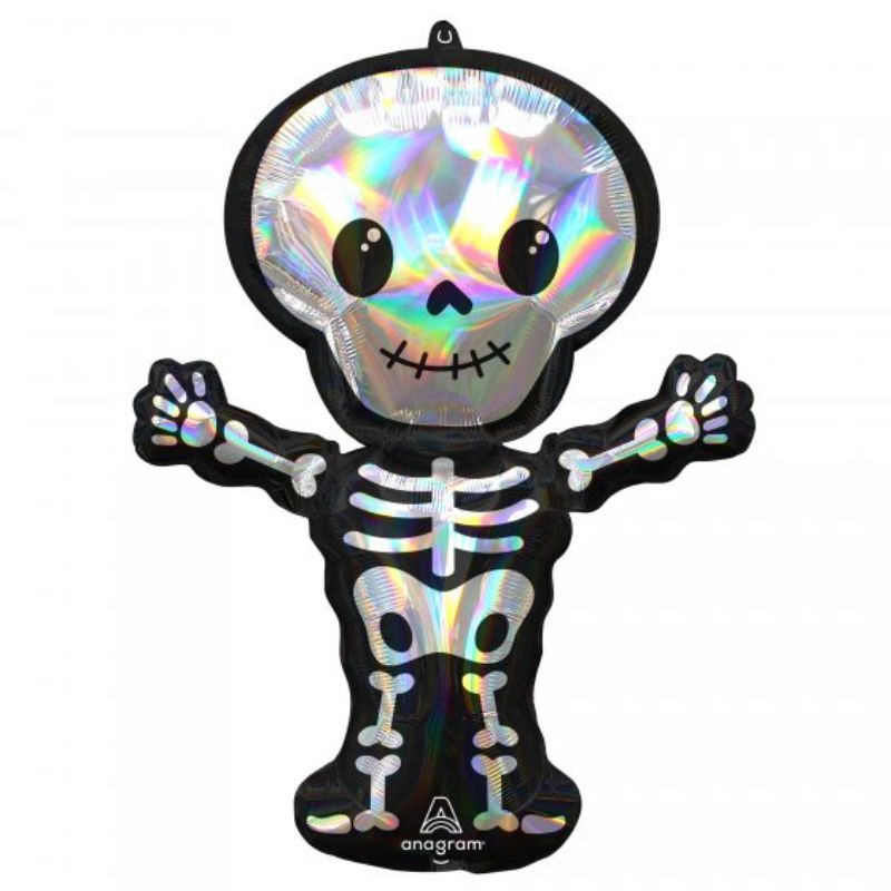 Holographic iridescent skeleton balloon, 66cm x 86cm, perfect for Halloween parties and festive gatherings.