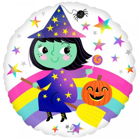 Vibrant 45cm Rainbow Witch foil balloon, perfect for Halloween and themed parties, durable and eye-catching decor.