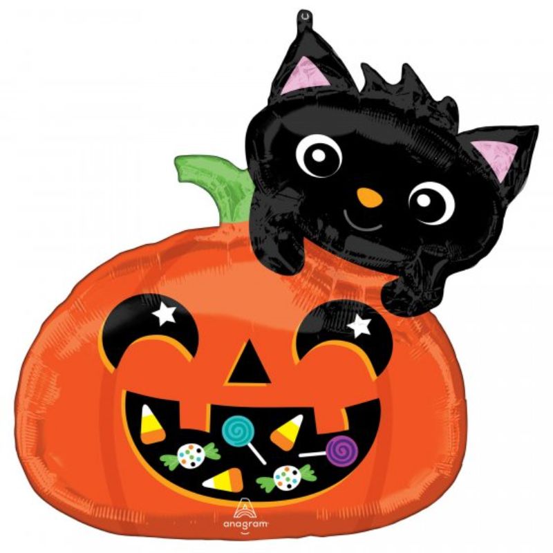 Colorful SuperShape foil balloon featuring an adorable cat and pumpkin, perfect for Halloween and festive celebrations.