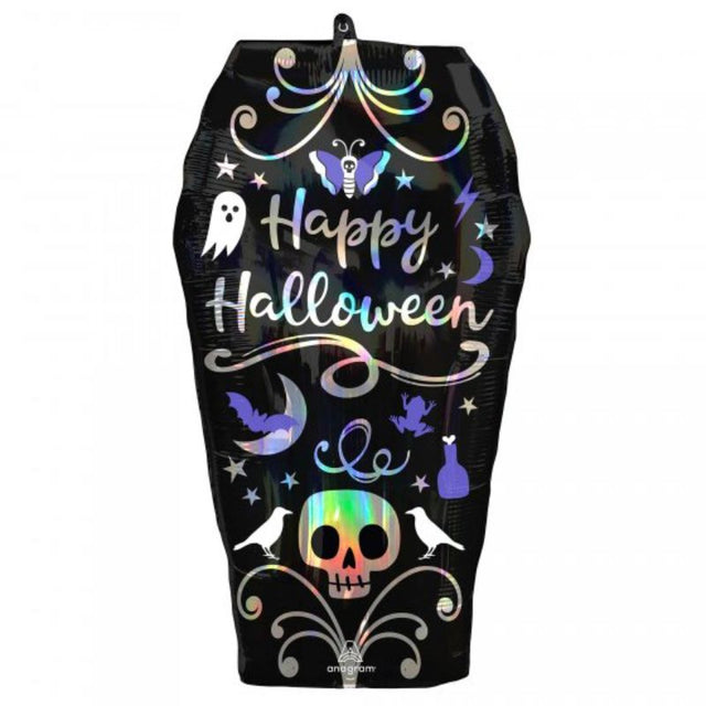 Iridescent coffin-shaped foil balloon for Halloween parties, measuring 38cm x 68cm, adds spooky flair to celebrations.