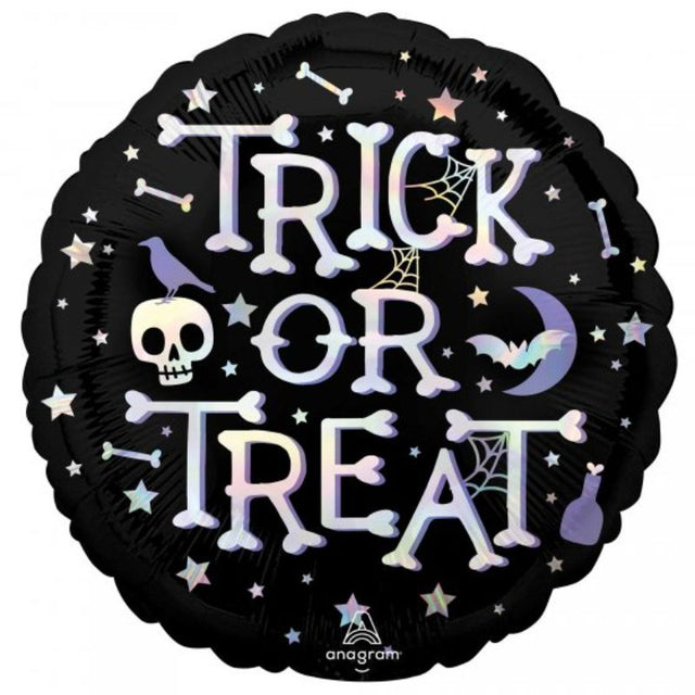 Holographic 45cm Trick or Treat balloon, perfect for Halloween parties with vibrant iridescent finish and self-sealing design.