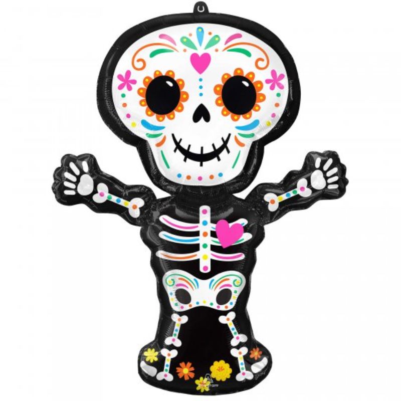 Colorful Day of the Dead standing skeleton foil balloon, 66cm x 86cm, perfect for festive celebrations and decorations.