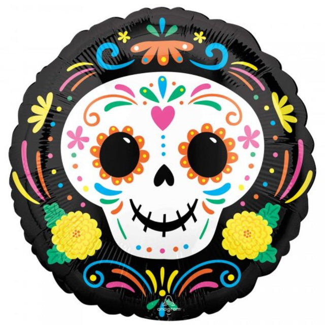 Colorful 45cm Day of the Dead skull balloon with intricate sugar skull designs, perfect for festive celebrations and decor.