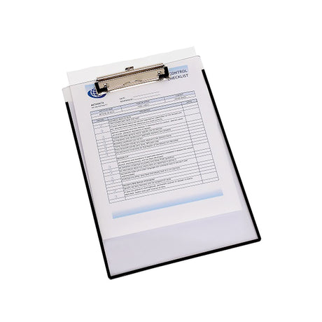 Marbig A4 Clearview Clipboard with insert cover for displaying documents and a pull-out hook for easy storage.