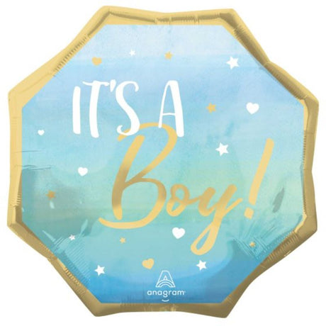 Jumbo blue foil balloon shaped like 'It's A Boy', perfect for baby showers and celebrations, measures 55cm.