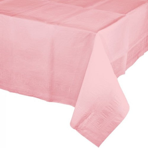 Classic pink tablecover made of durable 2 ply tissue and waterproof plastic, perfect for parties and easy clean-up.