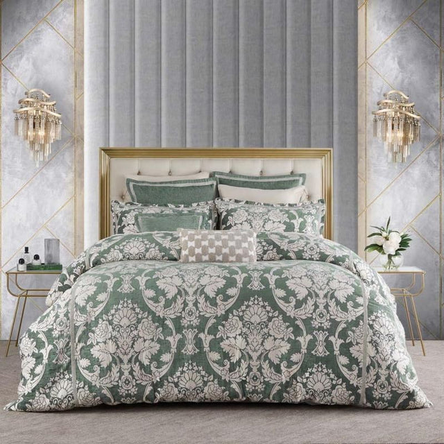 Elegant Davinci Coronet Quilt/Duvet Set in sage with botanical motifs, includes a quilt and two pillowcases, perfect for a queen bed.