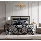 Queen-sized Davinci Coronet Ink Quilt/Duvet Set with elegant damask motifs in soft chenille, includes quilt cover and pillowcases.