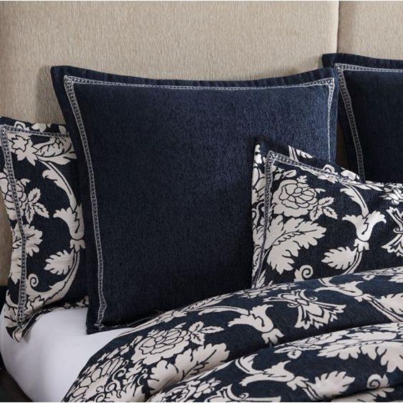 Luxurious Davinci Coronet Ink Quilt/Duvet Set in queen size, featuring elegant damask motifs on soft chenille fabric.