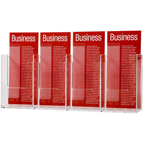 Wall-mounted Esselte brochure holder with 4 compartments, ideal for displaying business cards and flyers in a professional setting.