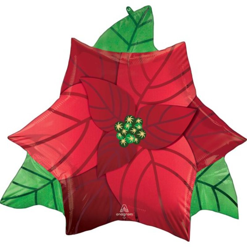 Vibrant 66cm satin poinsettia balloon, perfect for holiday decor and celebrations, features self-sealing for easy inflation.