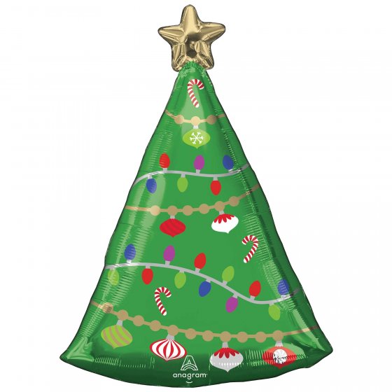 Vibrant self-sealing foil balloon shaped like a Christmas tree, measuring 43cm x 60cm, perfect for holiday celebrations.