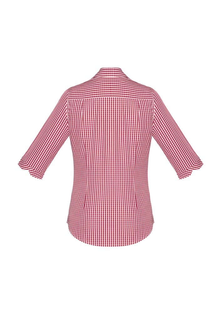 Springfield Ladies 3/4 sleeve shirt in cardinal with check pattern, open neck, and contrast cuffs for versatile style and comfort.