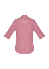 Cardinal 3/4 sleeve semi-fitted shirt featuring yarn-dyed check, open neck 'Y' front, action back tucks, and front pocket.