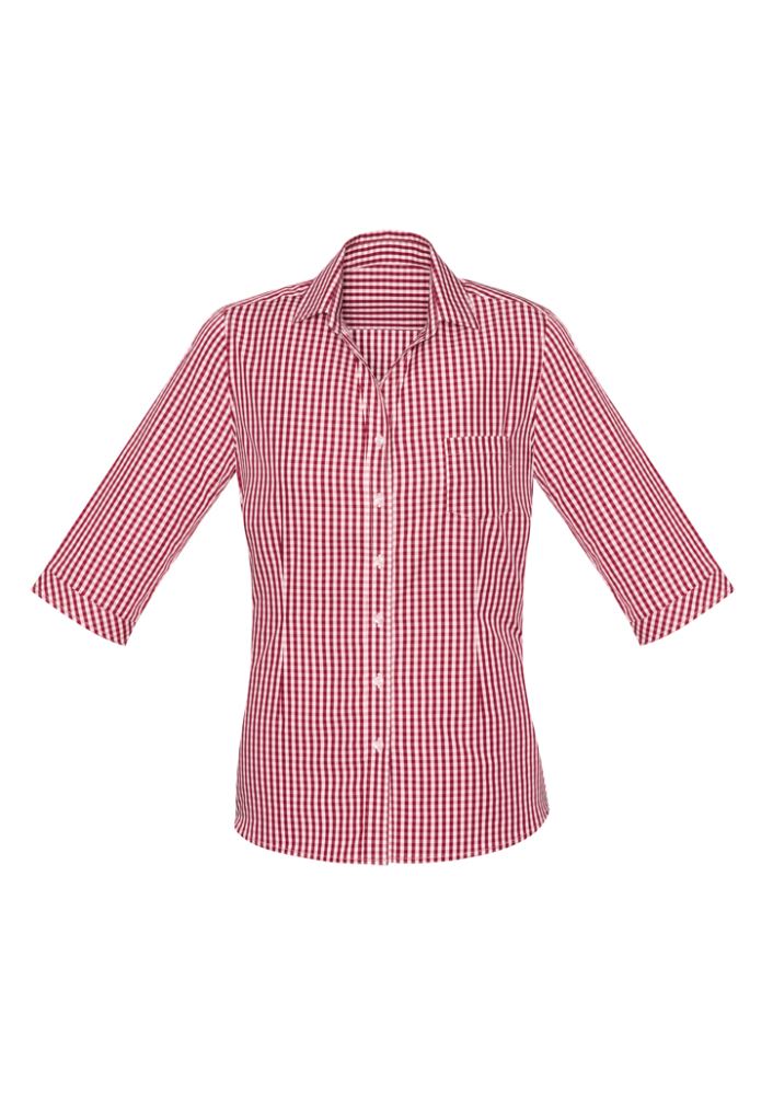 Springfield Ladies 3/4 Sleeve Shirt in cardinal red, featuring a check pattern, open 'Y' neck, and practical front pocket.