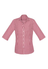 Springfield Ladies 3/4 Sleeve Shirt in Cardinal, featuring a check pattern, open neck, and comfortable cotton fabric.