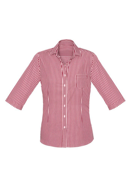 Springfield Ladies 3/4 Sleeve Shirt in cardinal with yarn-dyed check, open neck, action back, and front pocket for comfort and style.