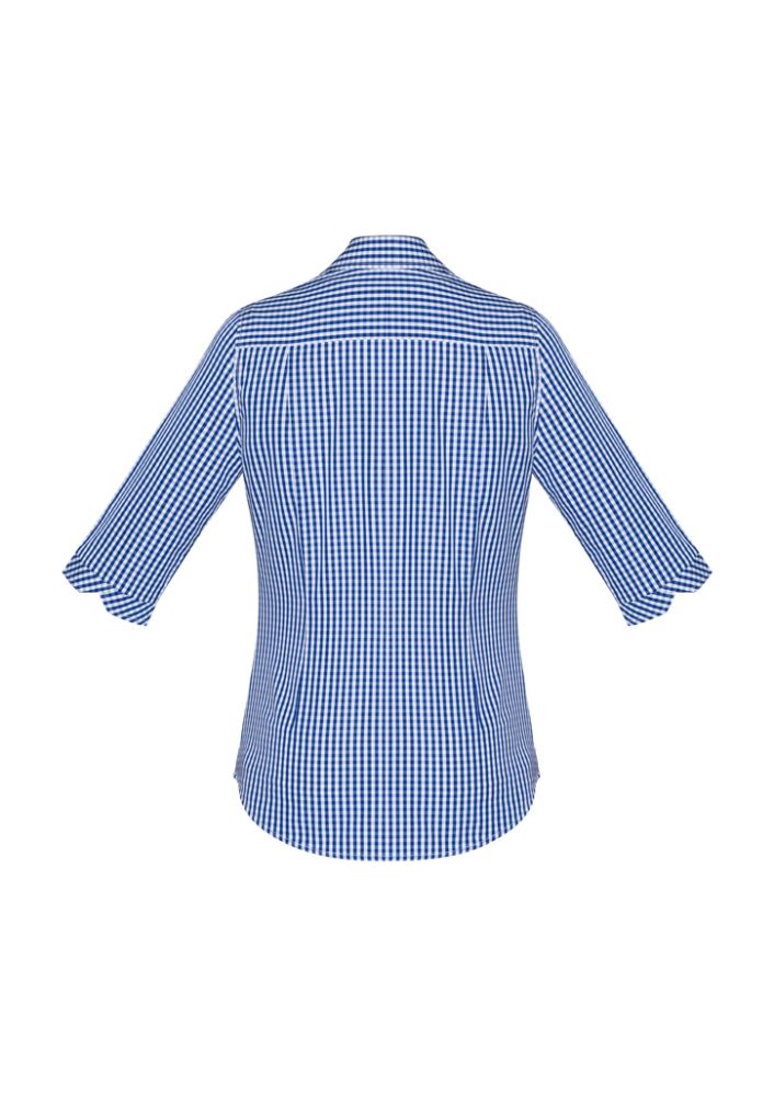 Springfield Ladies 3/4 Sleeve Shirt in French Navy, size 4, featuring a bold check pattern, open Y neck, and chic details.