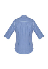 Springfield Ladies 3/4 Sleeve Shirt in French Navy, size 4, featuring a bold check pattern, open Y neck, and chic details.