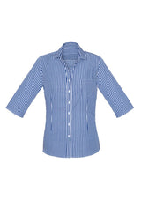 Springfield Ladies 3/4 Sleeve Shirt in French Navy, featuring a check pattern, open neck, and comfortable cotton fabric.