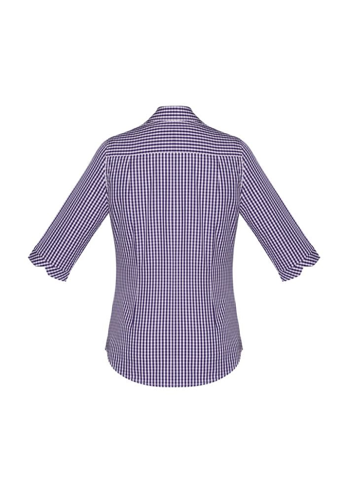 Purple Reign 3/4 sleeve ladies shirt featuring a check pattern, open neck 'Y' front, and front pocket for style and comfort.