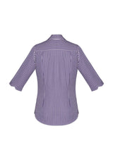 Purple Reign 3/4 sleeve ladies shirt featuring a check pattern, open neck 'Y' front, and front pocket for style and comfort.