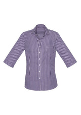 Springfield Ladies 3/4 Sleeve Shirt in Purple Reign, featuring casual style, yarn-dyed check, and practical front pocket.