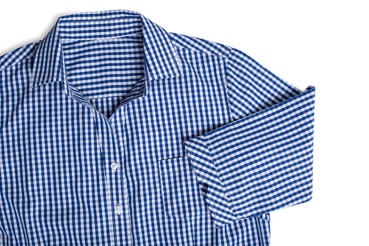 Springfield Ladies 3/4 Sleeve Shirt in French Navy with check pattern, open neck Y front, and stylish contrast cuffs.