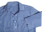 Springfield Ladies 3/4 Sleeve Shirt in French Navy with check pattern, open neck Y front, and stylish contrast cuffs.