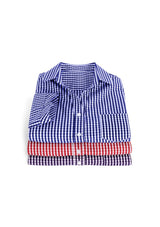 Purple Reign 3/4 sleeve shirt for women, featuring a yarn-dyed check pattern, open neck 'Y' front, and practical front pocket.