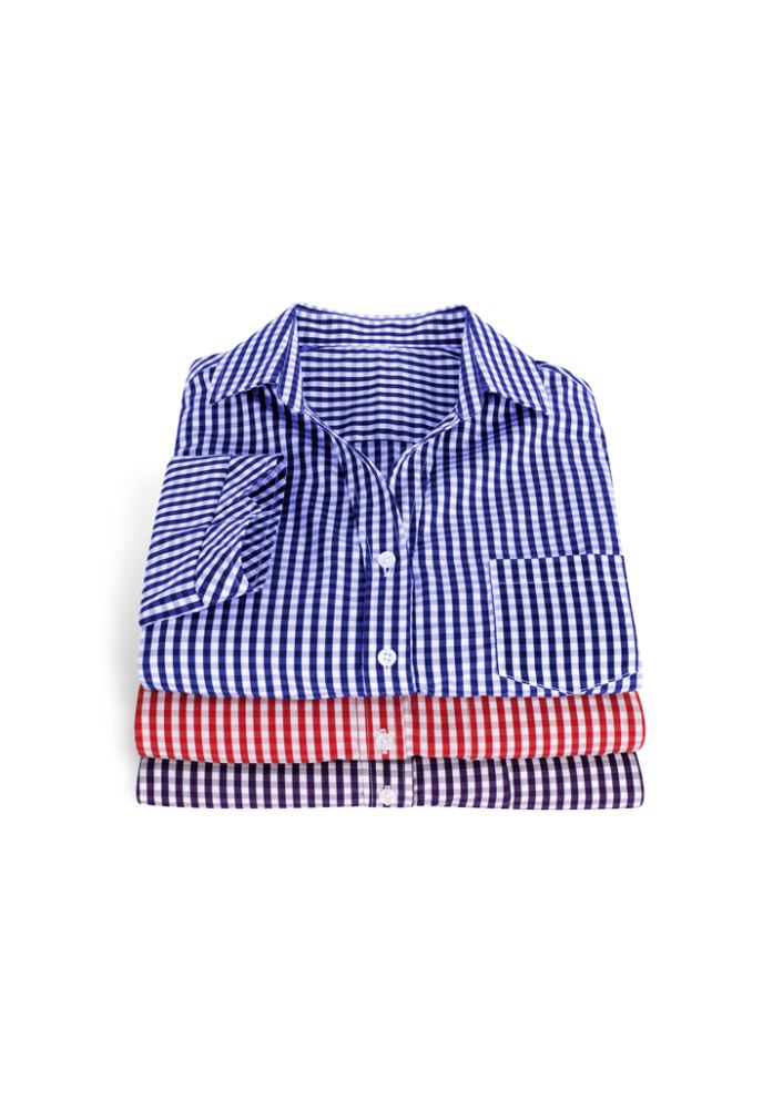 Purple Reign 3/4 sleeve shirt for women, featuring a yarn-dyed check pattern, open neck 'Y' front, and a front pocket.