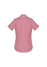 Red short sleeve women's shirt featuring a yarn-dyed check pattern, semi-fitted design, and open neck from Biz Collection.