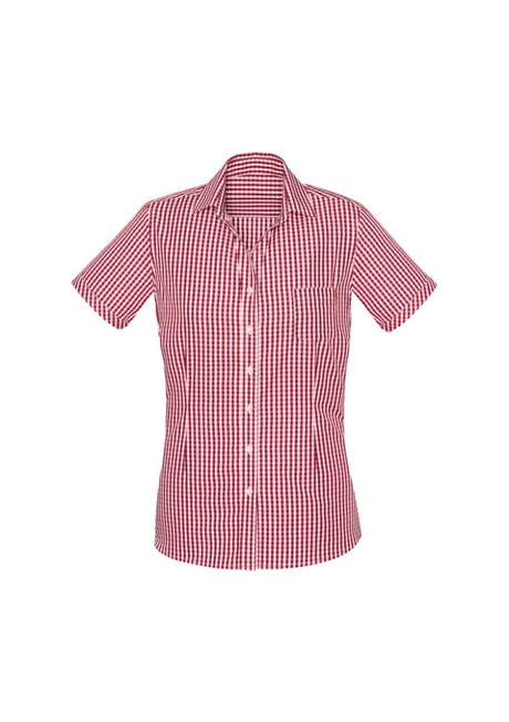 Ladies short sleeve cotton shirt in cardinal, featuring yarn-dyed check, open neck 'Y' front, and practical front pocket.