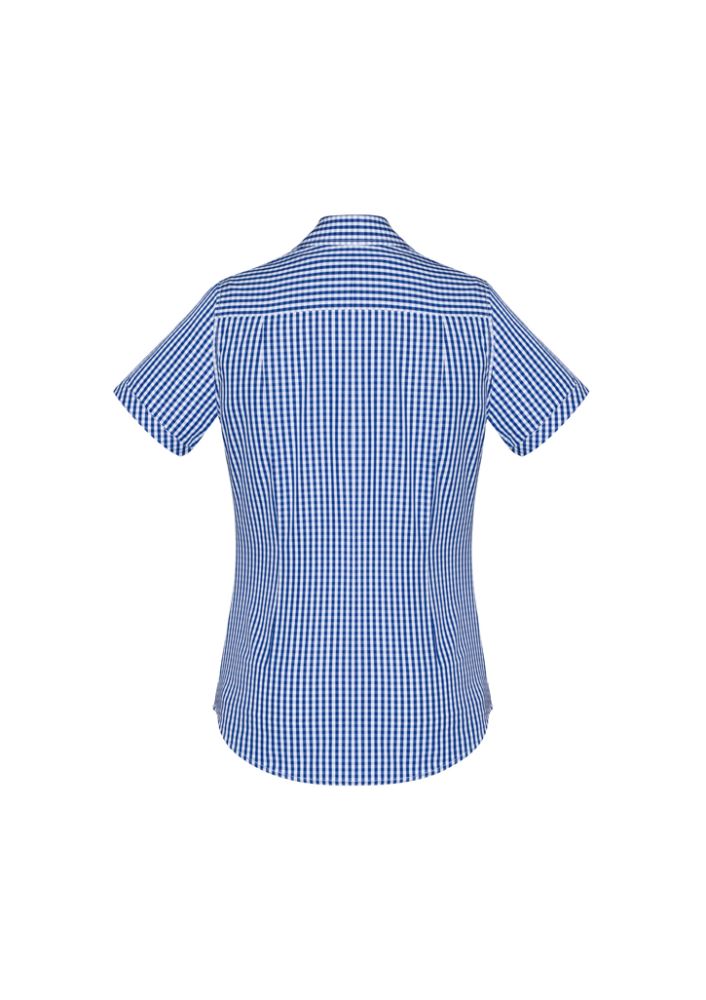 Springfield Ladies Short Sleeve Shirt in French Navy, featuring a chic 'Y' neck, action back tucks, and front pocket detail.