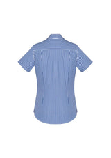 Springfield Ladies Short Sleeve Shirt in French Navy, featuring a chic 'Y' neck, action back tucks, and front pocket detail.