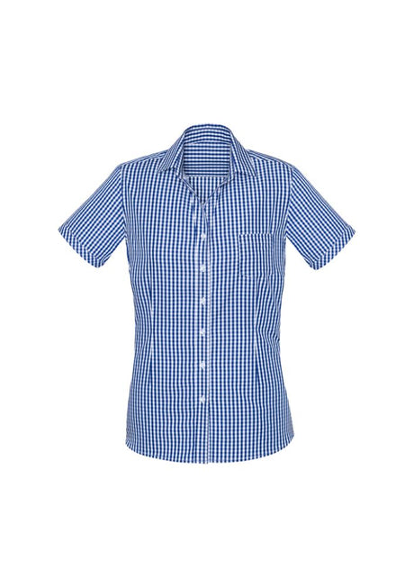 Springfield ladies short sleeve shirt in French Navy, featuring a check pattern, open neck, and semi-fitted design for comfort.