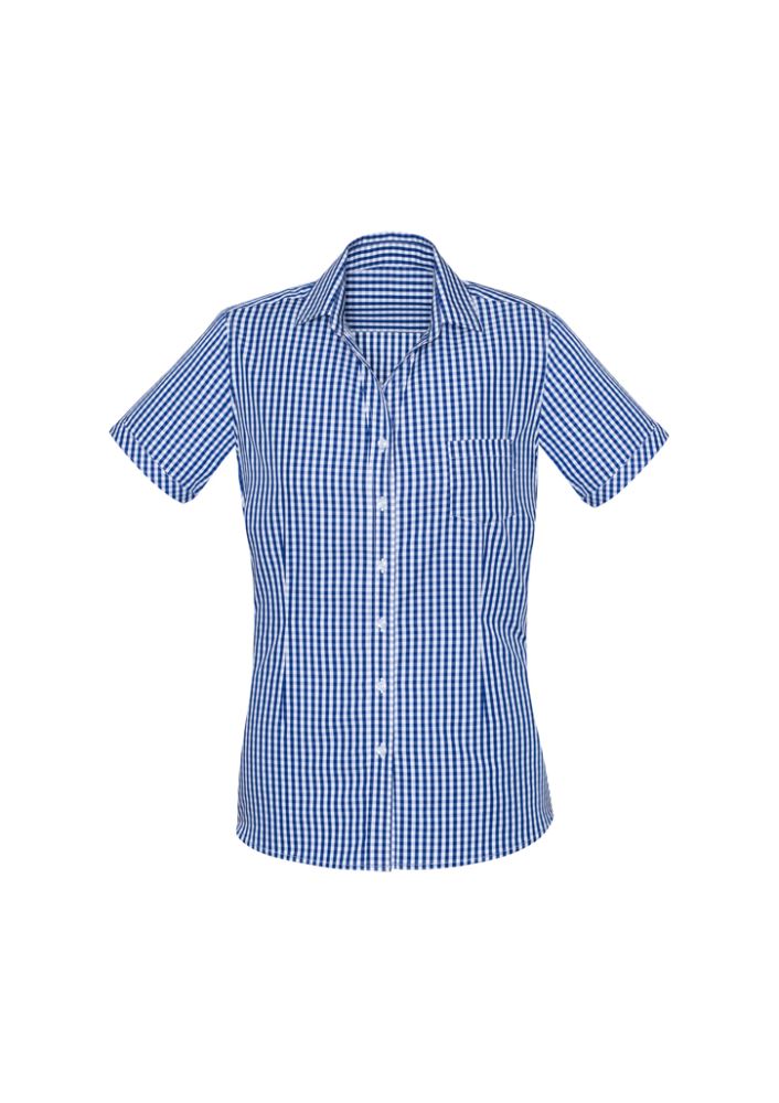 Springfield Ladies Short Sleeve Shirt in French Navy, featuring a chic 'Y' neck, action back tucks, and yarn-dyed check pattern.